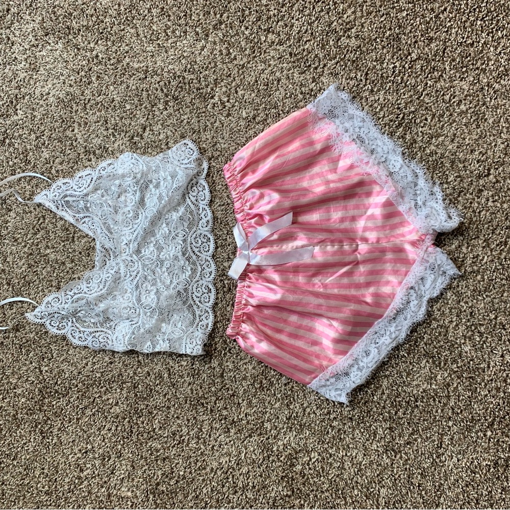 Lace and Satin Sleepwear Set - White and Pink